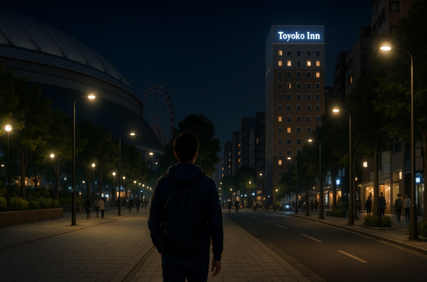 水道橋駅から東京ドームシティを抜けて後楽園の東横インへ向かう夜の徒歩ルートを描いたイメージ。